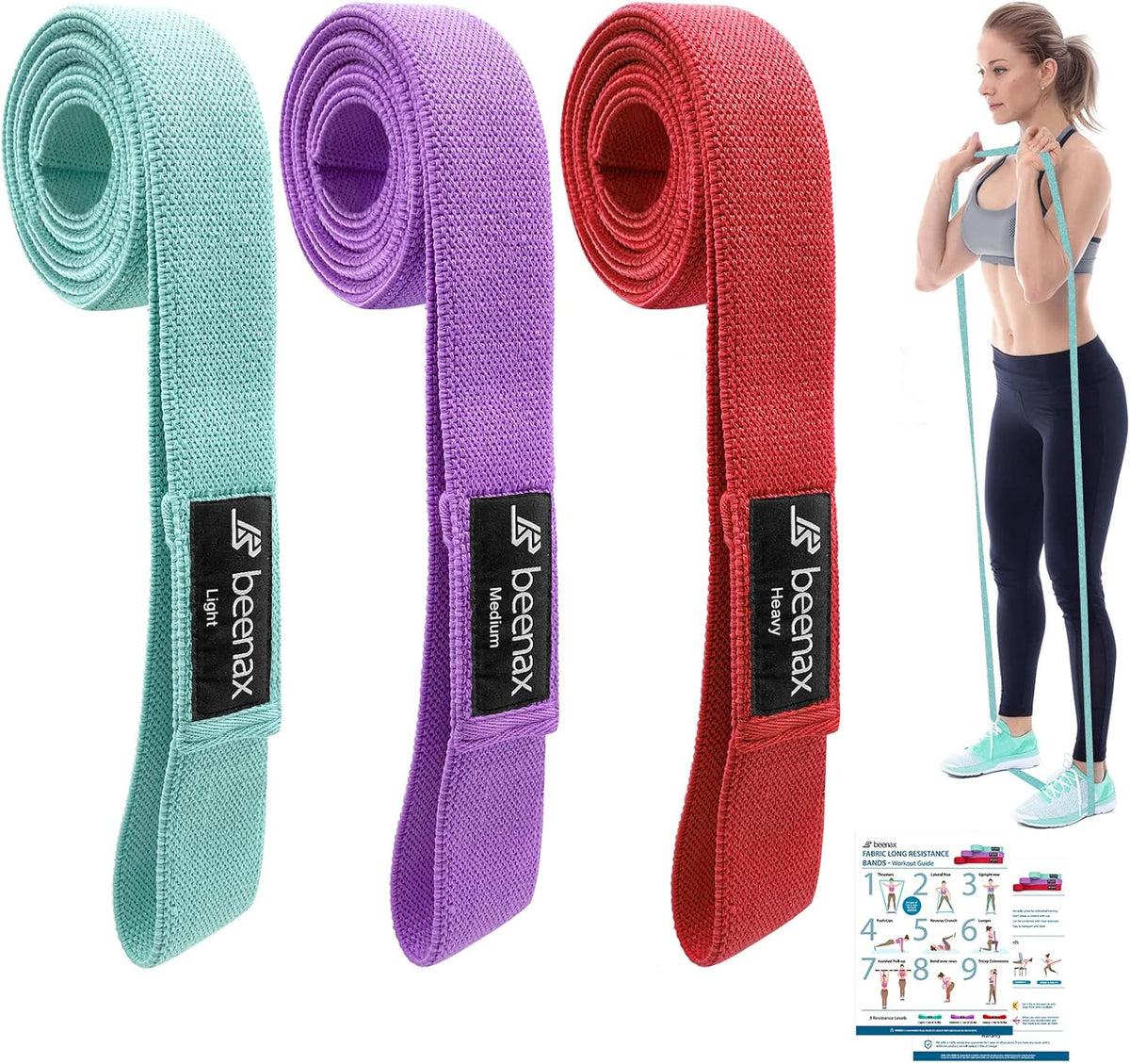 Long Fabric Resistance Bands (Set of 3) Red, Purple, Cyan