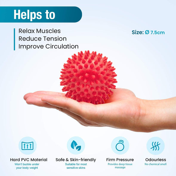 Beenax red spiky massage ball displayed on the palm of a hand.