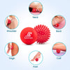 Beenax red lacrosse or spiky massage ball is being rolled on neck, upper back, thigh, calf, shoulder and under a foot.